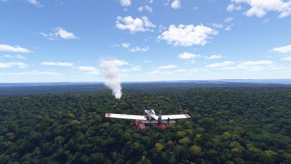 Firefighters extinguishing forest fires in a dense, smoky environment using hoses and water pumps.