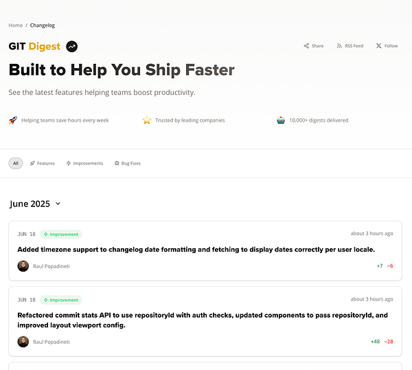 The image displays a changelog interface for a project called 'GIT Digest'.