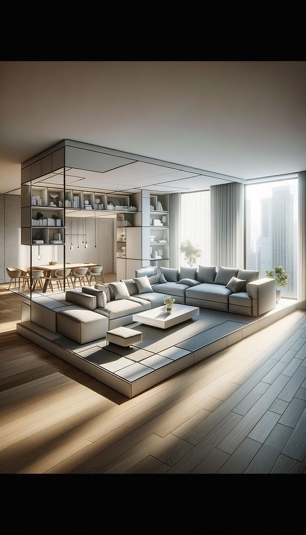 An open-plan living space that features modular furniture which can be reconfigured according to different needs, showcasing the concept of adaptability in interior design.