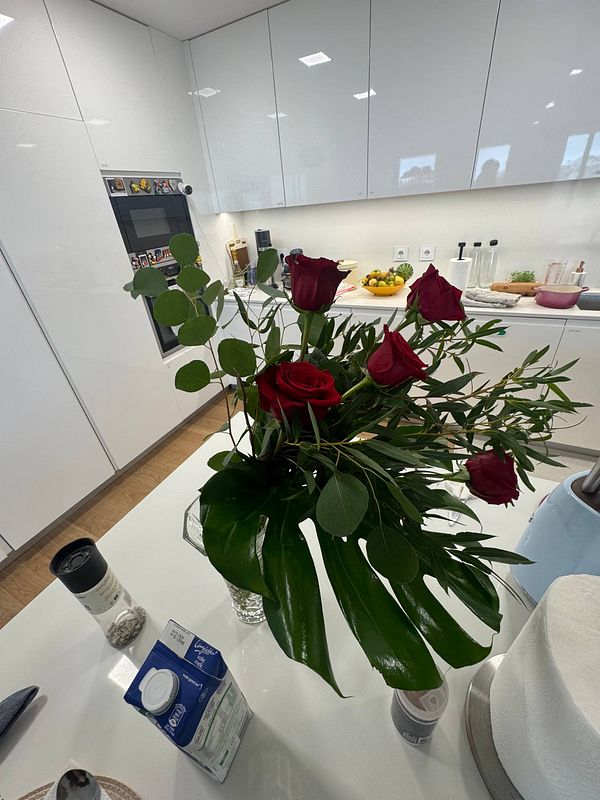 A bouquet of red roses is displayed on a modern kitchen countertop.