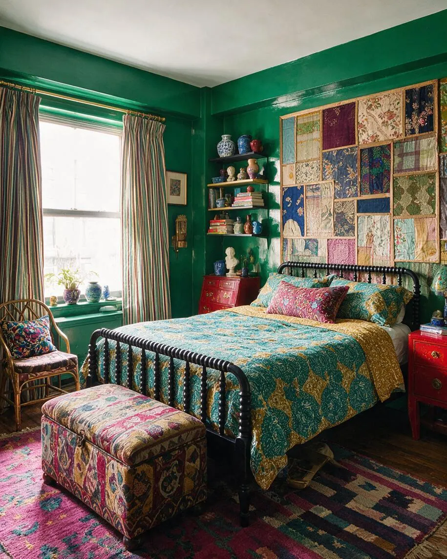 A maximalist master bedroom with deep green walls, a black metal bed frame, and layered patterned bedding in teal, gold, and pink. The room includes a patchwork textile wall hanging, striped curtains, red bedside tables, open shelves with decorative objects, and a colorful upholstered ottoman and chair near the window.