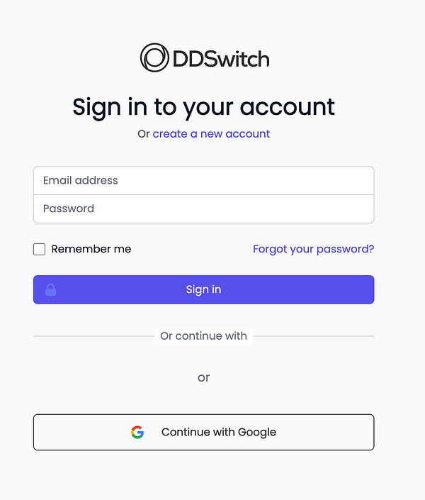 The image displays a login interface for the DDswitch platform.