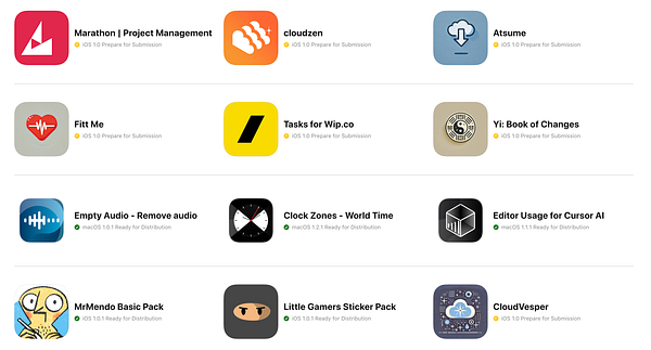 The image displays a grid of app icons along with their titles and status information.