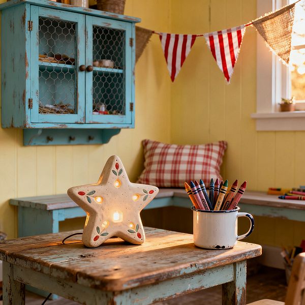 A cozy farmhouse-style kids’ corner shows a distressed turquoise wood table holding a glowing ceramic star lamp and an enamel mug filled with crayons. Behind it, yellow vertical paneling frames a built-in bench with a red gingham pillow, a rustic blue wall cabinet with chicken-wire doors, and woven baskets, while red-and-white striped and burlap bunting drapes toward a white-trimmed window lit by warm afternoon sun.
