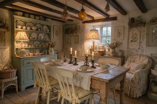A rustic cottagecore dining room with exposed dark wood ceiling beams, a distressed wooden table, and cream-painted chairs with gingham ties. A sage green hutch displays patterned dishes and ceramics, while floral wallpaper, lace runners, candles, and soft table lamps create a warm, collected atmosphere.