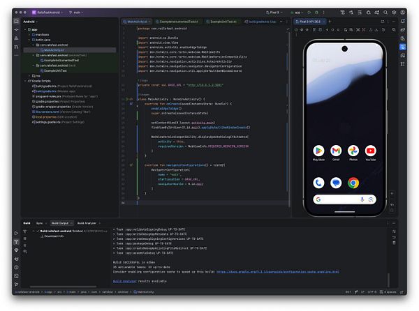 Android Studio IDE with a dark-themed interface showing the welcome screen and a side project panel.