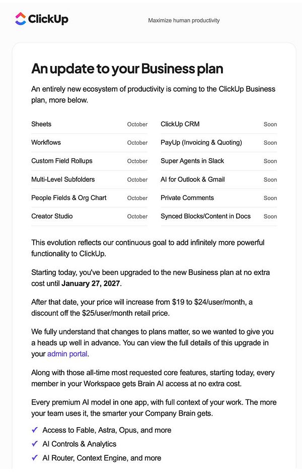 Email from ClickUp announcing an update to the Business plan with new features, a temporary free upgrade, and a price increase after January 27, 2027.