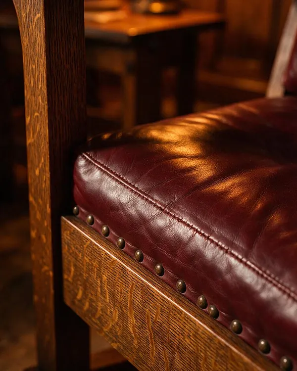 A close-up of a Craftsman-style chair featuring a deep burgundy leather seat with visible stitching and bronze nailhead trim. The chair frame is made of richly stained oak with a pronounced wood grain, creating a warm, handcrafted look.