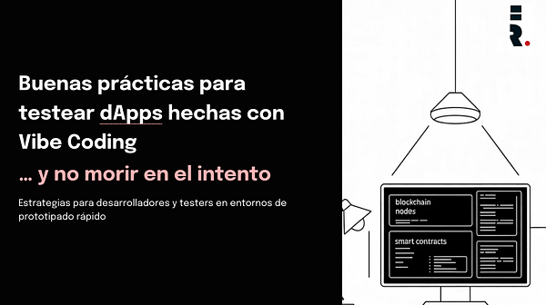The image features a presentation slide focused on best practices for testing decentralized applications (dApps).
