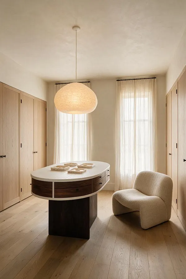 A serene walk-in closet with light oak cabinetry lining both walls, a central oval island with a white top and dark wood base, and a soft bouclé chair in the corner. Sheer curtains filter daylight behind a large woven pendant light, creating a calm organic modern atmosphere.