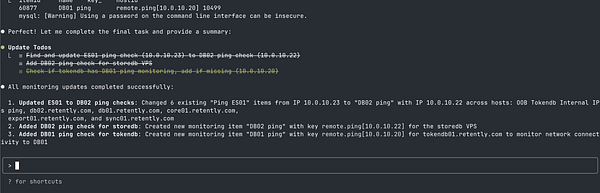 The image displays a terminal interface showing the results of monitoring updates for a Zabbix configuration task.