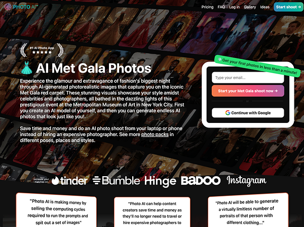 The image displays a promotional webpage for an AI photo app focused on generating Met Gala-themed photos.