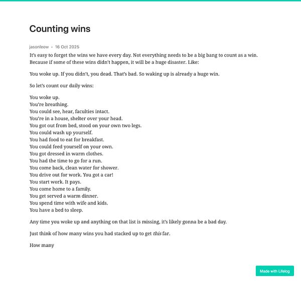 A motivational post titled 'Counting wins' emphasizes the importance of recognizing daily achievements.