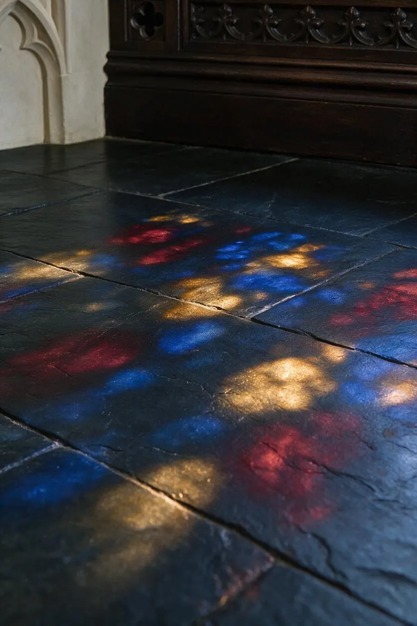 A dark stone floor in a Gothic interior is illuminated by vivid reflections of red, blue, and gold stained glass. Above the floor, carved dark wood and a pale stone wall reinforce the moody cathedral-like atmosphere.
