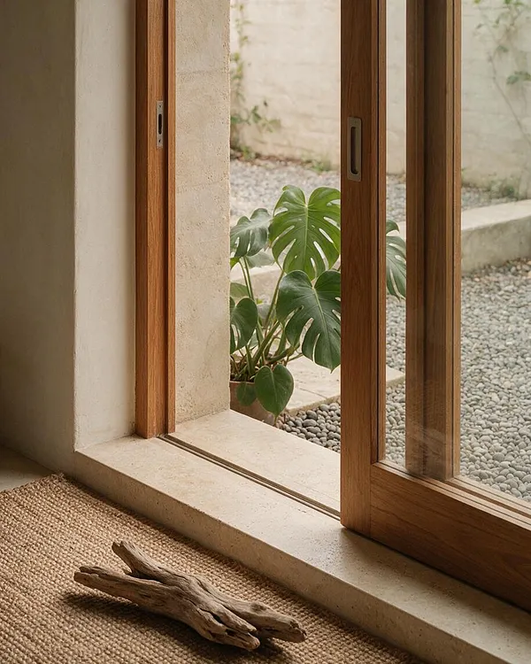 An interior view looking toward a courtyard through tall wooden sliding glass doors. The room has a woven natural fiber rug and a piece of driftwood on the floor, while outside there are gravel, stone edging, and large green monstera leaves creating a calm biophilic atmosphere.