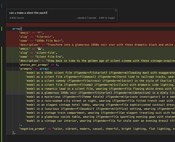 The image displays a code snippet related to creating a photo pack inspired by the Silent Film era.