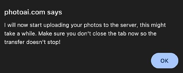 A notification alert from photoai.com indicating the start of a photo upload process.