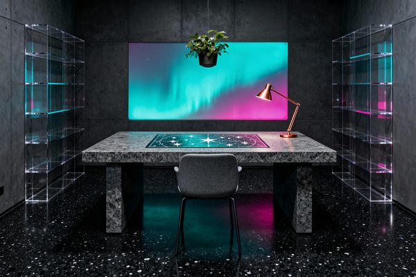 Symmetrical home office featuring a thick gray granite desk set before a large backlit panel that glows teal and magenta like an aurora. A gray upholstered chair faces a star-chart desk mat, with a copper task lamp on the right, a hanging plant above, clear acrylic shelving on both sides, dark concrete wall panels, and a black terrazzo floor reflecting the colored light.