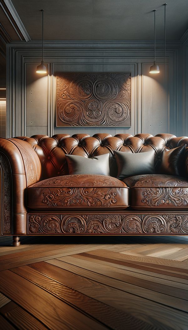 a sophisticated interior setting showcasing an embossed leather sofa with intricate patterns, highlighted by soft ambient lighting
