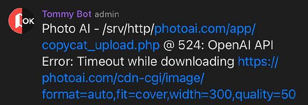 A screenshot of an error message related to the Photo AI application and OpenAI API.