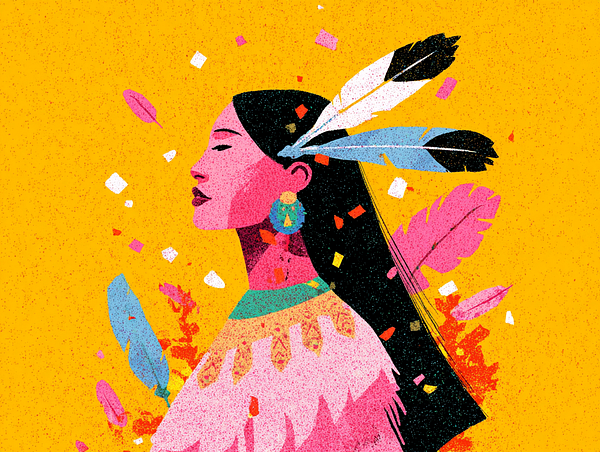 A vibrant illustration of a woman adorned with feathers and jewelry against a bright yellow background.