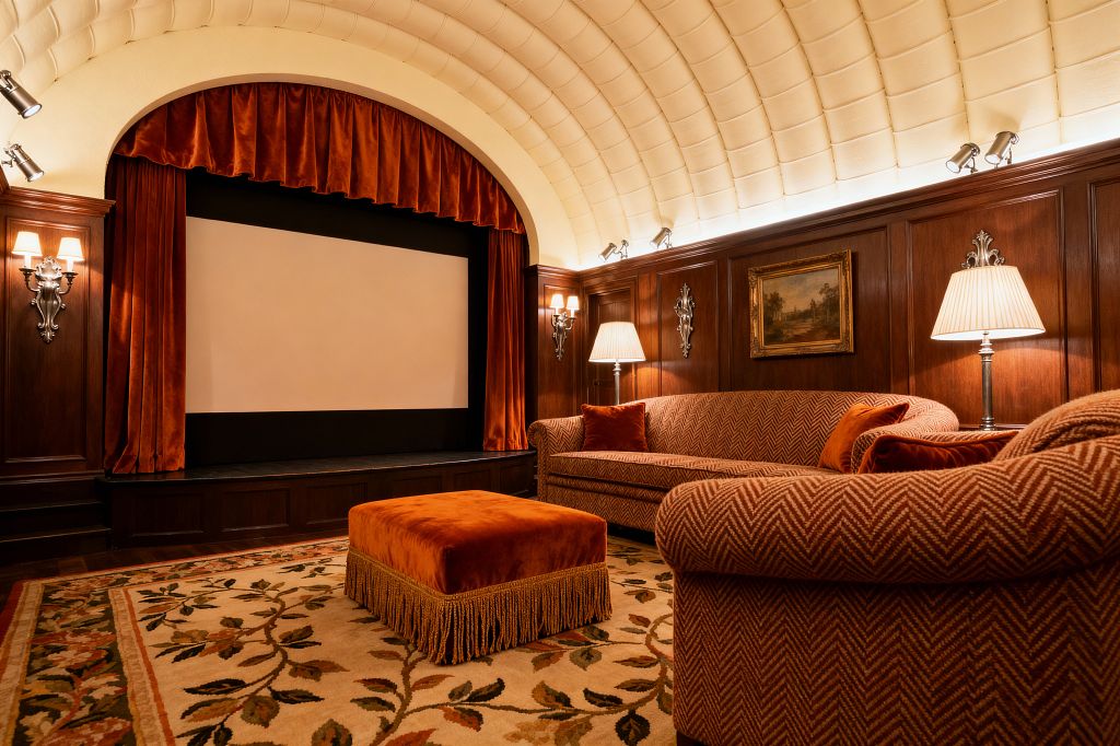 A traditional home theater shows a large projection screen framed by arched burnt-orange velvet curtains beneath a cream barrel-vaulted ceiling. Dark walnut wall paneling surrounds herringbone-upholstered sofas with rust velvet pillows, a fringed velvet ottoman, and a floral wool rug. Nickel sconces, pleated-shade lamps, and subtle uplights warm the woodwork and ceiling, creating an intimate, classic cinema atmosphere.
