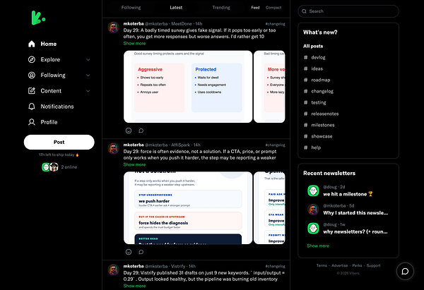 Screenshot of vibers.so community web page showcasing community posts and a sidebar menu.