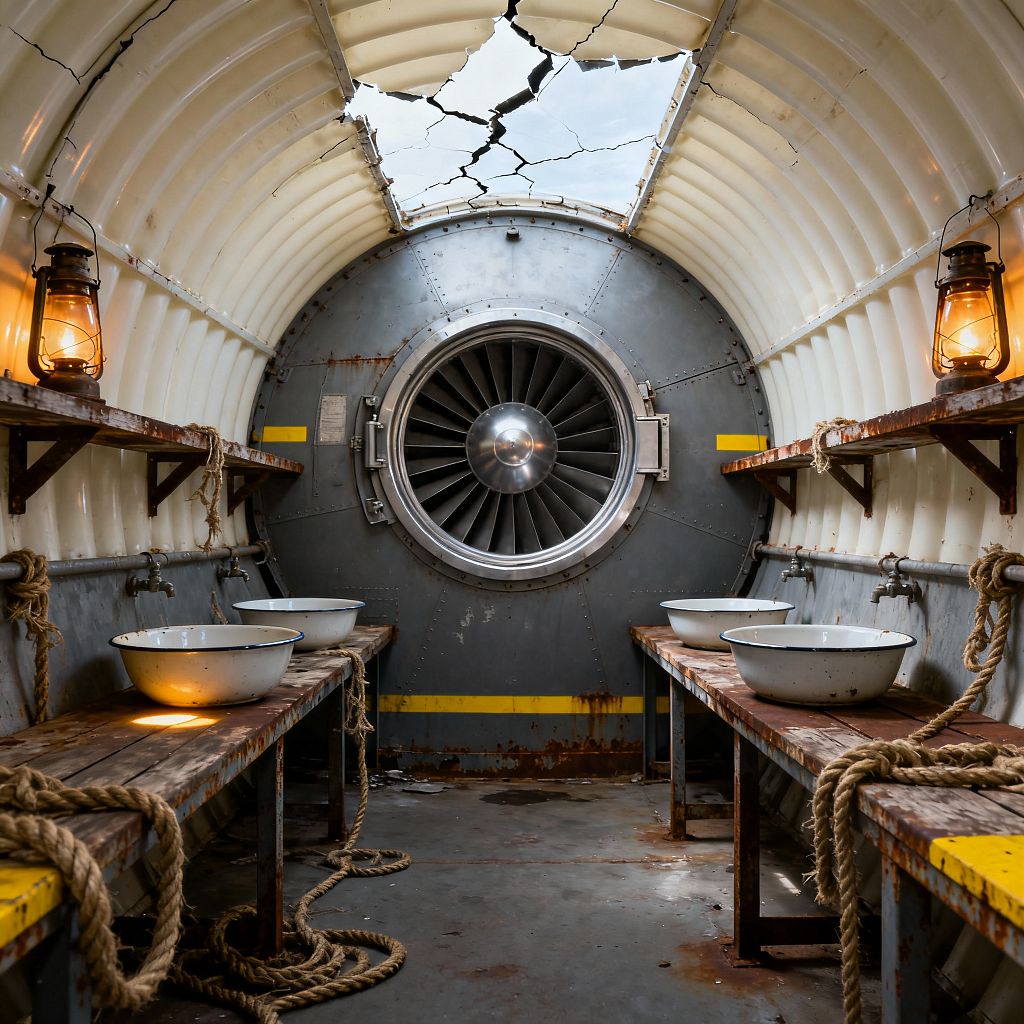 An improvised laundry room inside a cylindrical aircraft-like fuselage has rough wooden benches on both sides holding white enamel wash basins, with galvanized taps and exposed pipes running the length of the walls. A large steel turbine bulkhead centers the far wall, while two kerosene lanterns cast warm light beneath a cracked overhead panel, emphasizing rust stains, yellow warning marks, coils of rope, and the space’s salvaged, survivalist character.