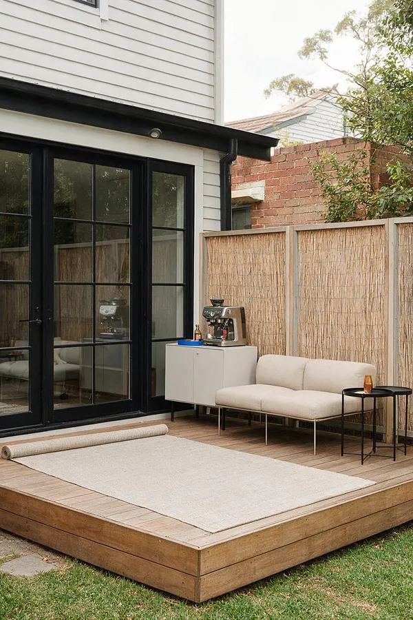 A modern backyard deck beside a white house with black-framed glass doors. The space includes a low cream sofa, a small black side table, a pale cabinet with a coffee machine, a rolled outdoor rug, timber decking, and reed privacy screens with greenery behind them.