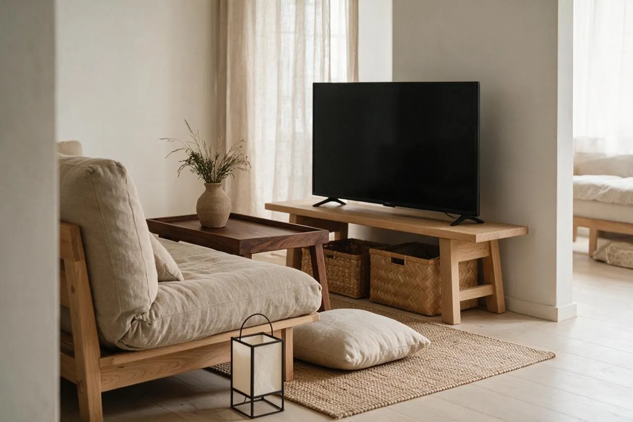 A calm Japandi-style media room with a low wooden sofa upholstered in beige linen, a simple wooden TV bench holding a flat-screen television, and a small side table with a vase of dried grasses. Woven baskets, a jute rug, and a soft floor cushion add natural texture, while sheer curtains and warm neutral walls fill the room with gentle daylight.