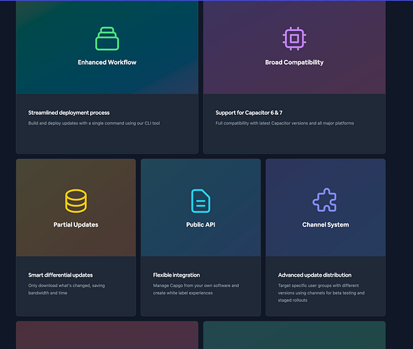 The image displays a grid layout of feature highlights for a software product.