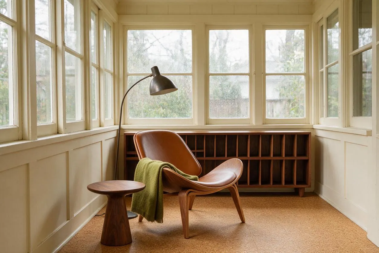 A bright enclosed front porch with cream-painted paneled walls and many windows. The space features a brown leather lounge chair with a green throw, a walnut side table, a curved floor lamp, and a low wood cubby cabinet against the back wall.