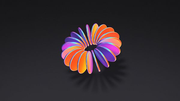 A vibrant, abstract 3D shape resembling a circular arrangement of petal-like forms.