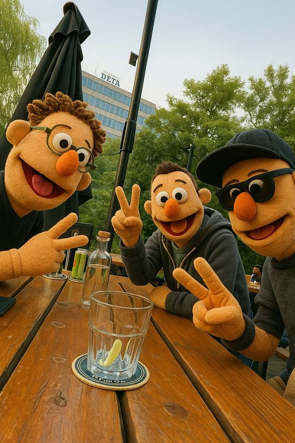 Four puppet characters are posing for a photo at a wooden table in an outdoor setting.