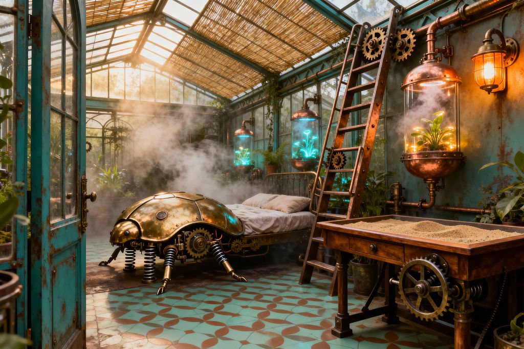 Steampunk-themed children’s room inside a greenhouse with glass roof and teal metal frames. A brass, beetle-shaped bed sits beside an iron headboard, surrounded by misty steam. Along the wall, copper pipes, gears, and three glass terrariums glow with blue and amber light around small plants. A wooden ladder leans near a reclaimed-wood workbench with crank gears and a sand tray. The patterned mint and terracotta tile floor, potted greenery, and bamboo roof shades create a whimsical, mechanical garden feel.