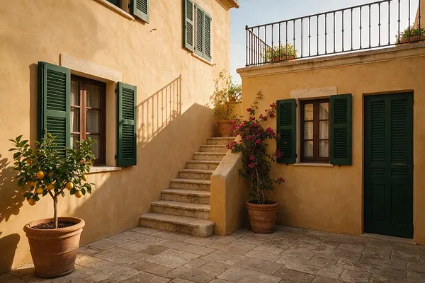 A sunlit Mediterranean courtyard with warm ochre stucco walls, stone paving, and a central staircase leading to an upper terrace. Green wooden shutters and doors frame the windows, while potted citrus trees and flowering bougainvillea add color and a relaxed, rustic feel.