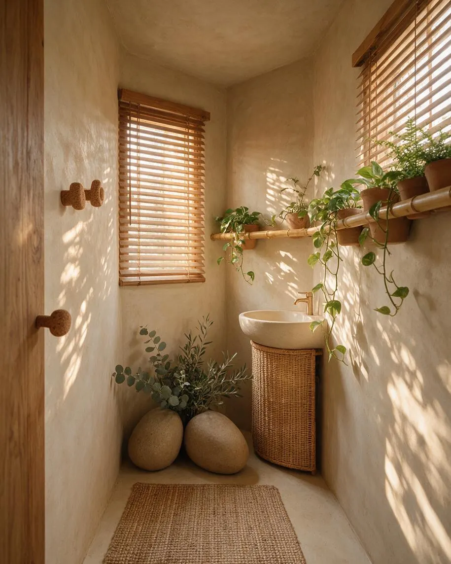 A narrow powder room with plaster walls, bamboo blinds, and warm sunlight casting striped shadows across the space. The room features a vessel sink on a woven rattan vanity, trailing potted plants on a shelf, decorative stone elements, and a woven rug, creating a calm biophilic atmosphere.