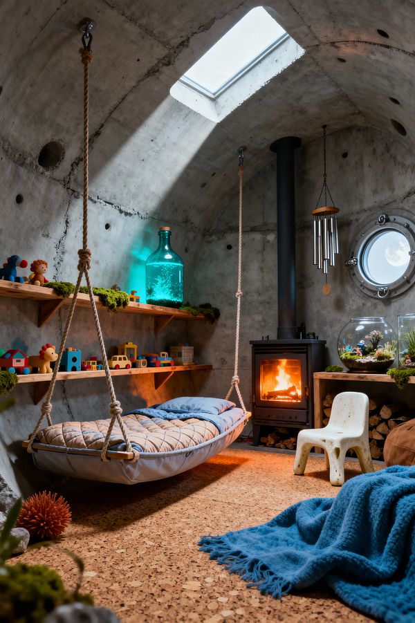 Child’s room with arched concrete walls like a bunker, lit by a roof skylight and a round porthole window. A rope-hung hammock bed with quilted bedding floats above cork flooring, near a black wood-burning stove and stacked logs. Pine shelves hold wooden toys, patches of moss, and a glowing aqua bottle; a small plastic chair, blue knit blanket, and glass terrariums add softness. The scene balances rugged, survivalist materials with cozy warmth and playful details.
