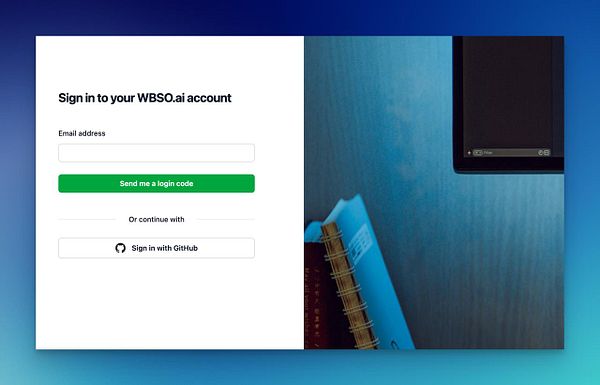 The image displays a login interface for the WBSO.ai account alongside a blurred background of a workspace.