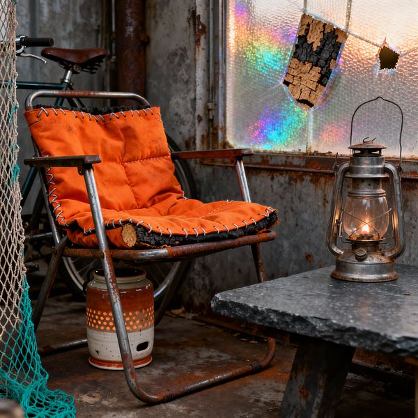 A small living area built from salvaged pieces shows a rusted steel-frame chair padded with bright orange, hand-stitched cushions beside a rough dark stone table holding a lit kerosene lantern. Corroded metal walls and a cracked textured-glass window patched with charred wood form the backdrop, with rainbow reflections on the glass; a perforated ceramic canister beneath the chair, a bicycle behind, and a teal fishing net complete the post-apocalyptic scene.