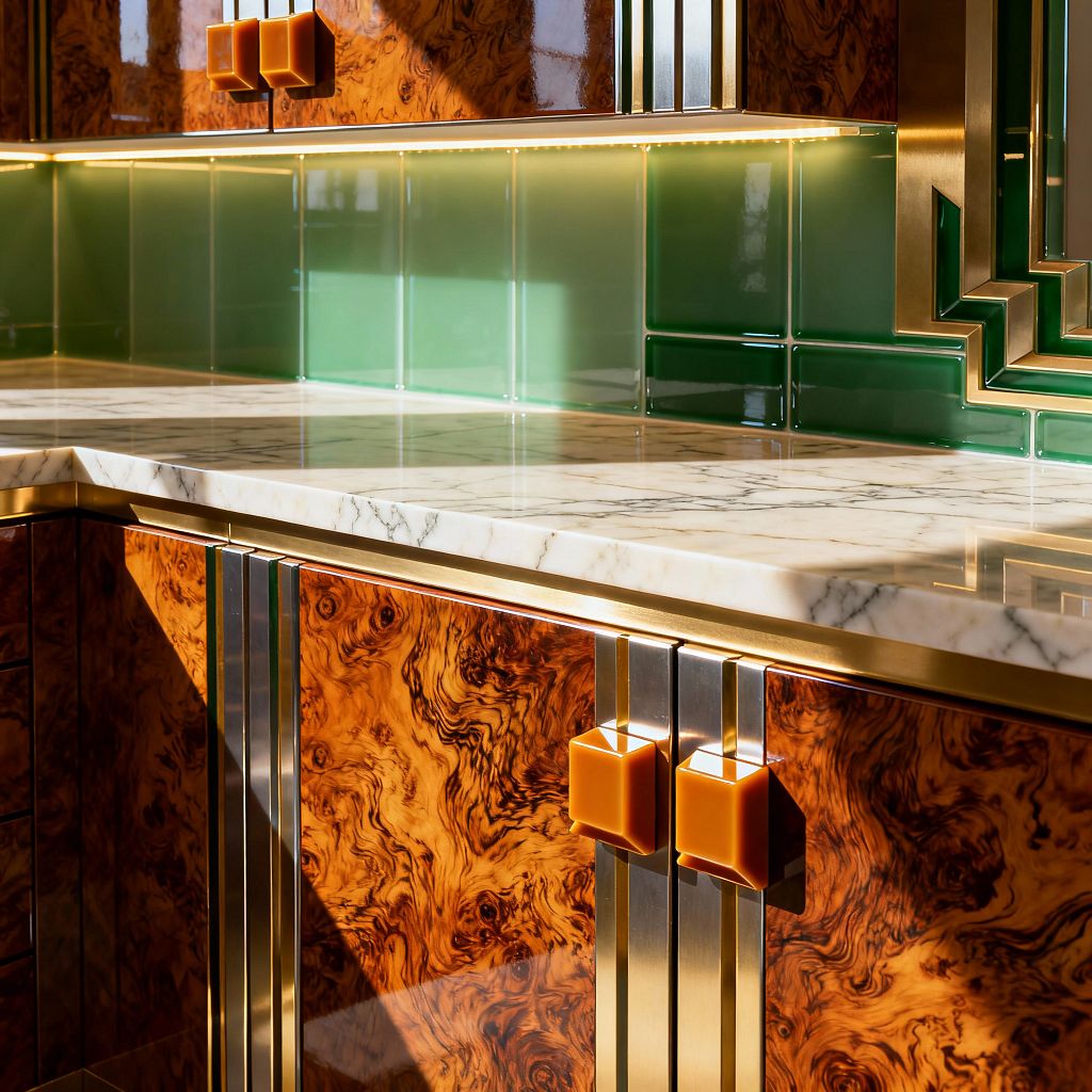 A close-up of an Art Deco kitchen features a white marble countertop over glossy burl wood cabinetry with two-tone metal inlays and chunky square amber pulls. The backsplash is emerald green glazed tile framed by polished brass with stepped geometric detailing, and a slim floating shelf with warm under-cabinet LED lighting washes light across the tiles.