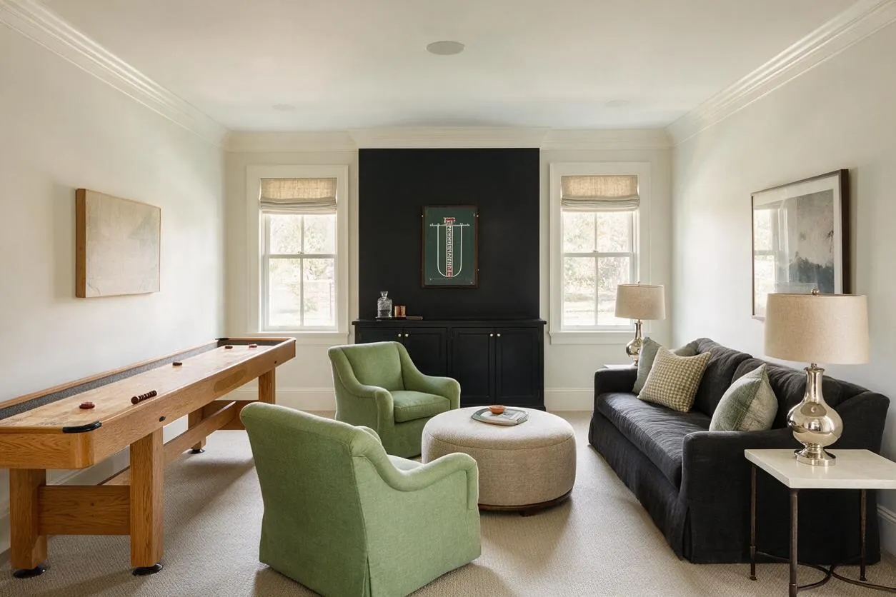 A bright transitional game room with a wooden shuffleboard table along the left wall, two pale green upholstered chairs, a round beige ottoman, and a dark sofa with patterned pillows on the right. A black built-in cabinet and accent wall anchor the far end between two windows, while neutral walls, a light carpet, and table lamps create a calm, inviting atmosphere.