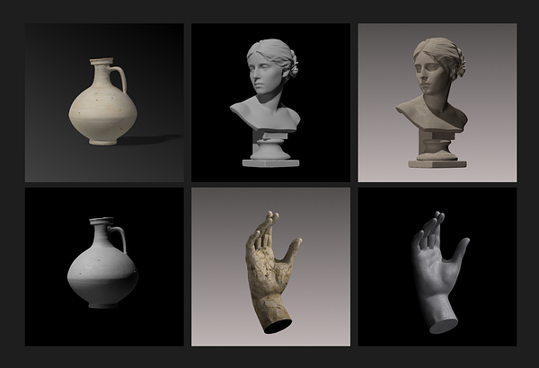 The image features a grid of six 3D rendered objects, including vases, a bust, and hands.