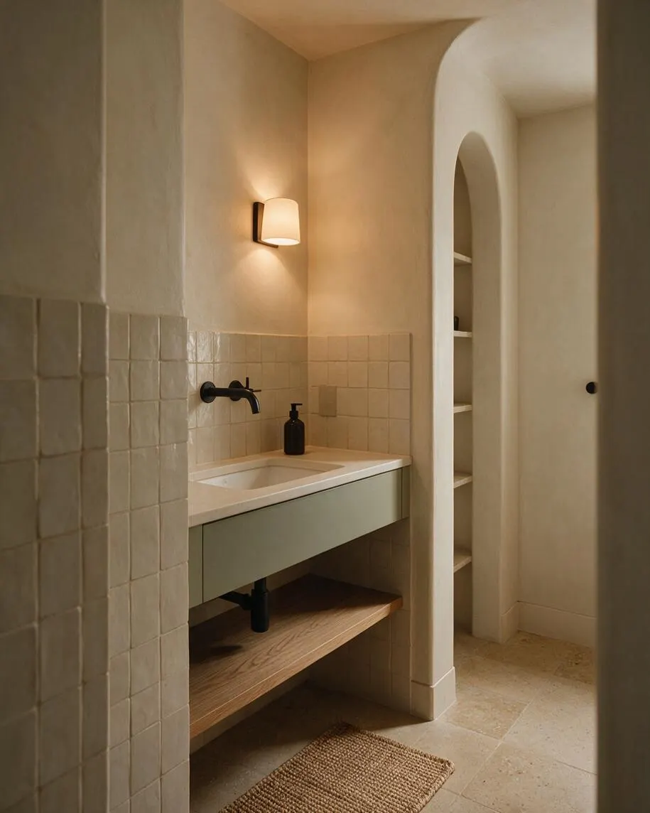 A softly lit organic modern bathroom with creamy plaster walls, small beige tile wainscoting, and an arched doorway leading to built-in shelving. A floating vanity with a pale green front, white sink, black wall faucet, and wood shelf sits above a woven natural rug.
