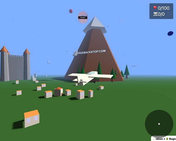 A stylized 3D landscape featuring a mountain with an advertisement, a small airplane, and a castle.