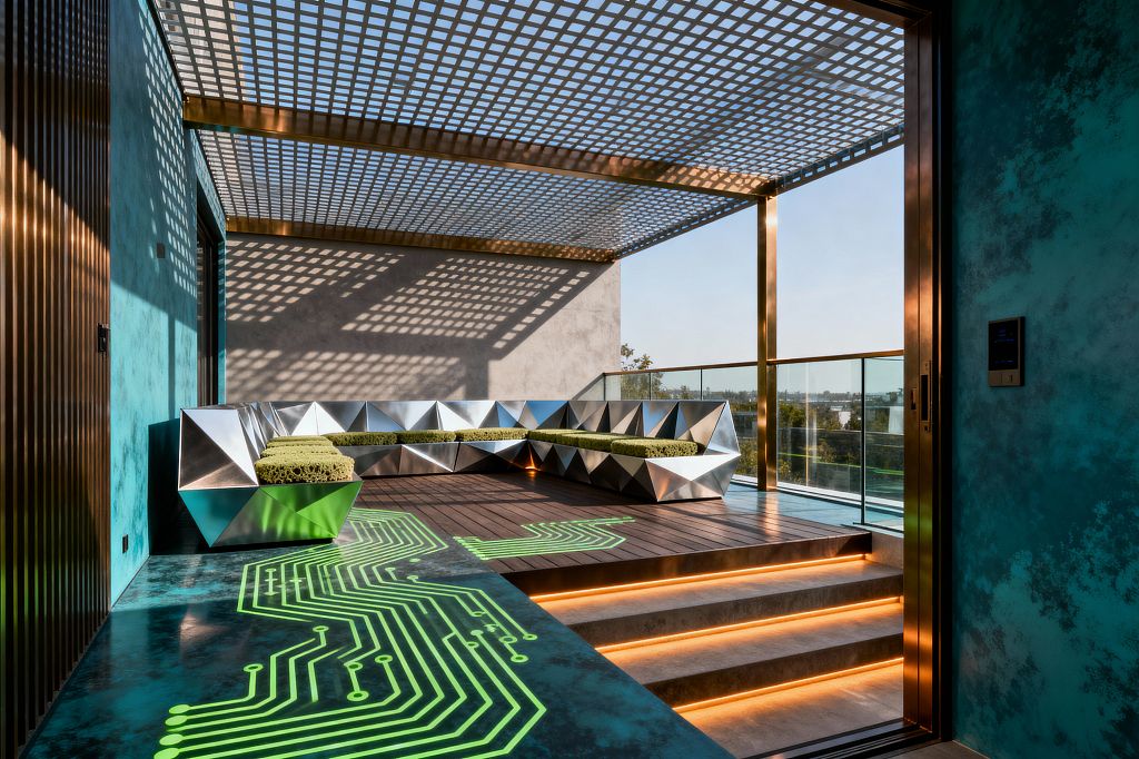 Open-air patio with a brass-framed pergola of perforated metal casting square shadows. A faceted, mirror-polished stainless-steel corner bench with moss-green cushions sits on a dark wood deck. Concrete steps with warm amber LED strip lighting connect to a glossy epoxy floor printed with a bright neon-green circuit-board graphic. Turquoise textured walls and a clear glass railing frame distant city views.