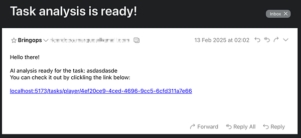 An email notification indicating the completion of a task analysis.