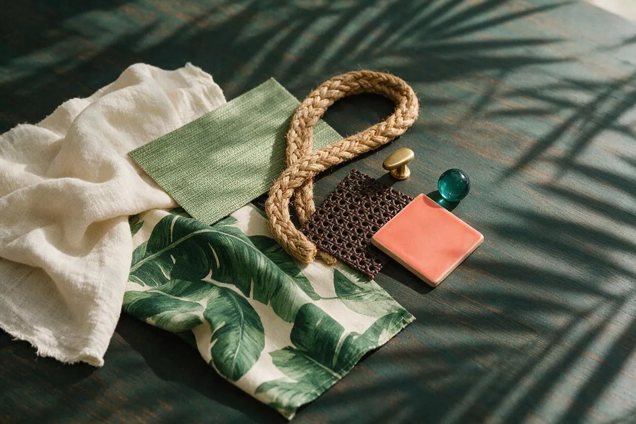 A styled flat lay of tropical-inspired materials on a dark green surface with dappled light and shadow. The arrangement includes a cream linen fabric, a green woven swatch, a palm-leaf print textile, braided rope, dark woven trim, a coral tile sample, and small brass and glass accents.