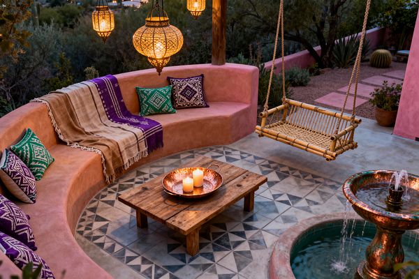 An outdoor patio with curved pink stucco bench dotted with green and purple patterned pillows and a striped throw. A low reclaimed-wood table holds a copper tray with candles, under brass Moroccan lanterns. A bamboo swing hangs by rope beside a patinated copper fountain and geometric gray-and-blue cement tiles, with desert plants and pink walls framing the scene at dusk.