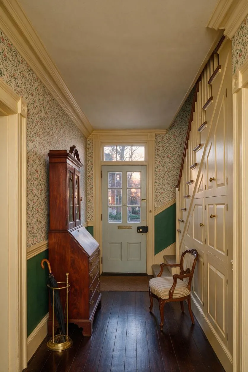 A narrow traditional entryway with floral wallpaper, dark wood floorboards, and cream trim. The space includes a tall mahogany cabinet, a vintage upholstered chair, a brass umbrella stand, and a built-in staircase storage wall beside a pale blue front door.